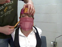 Panty bondage, knotted silk scarf gag