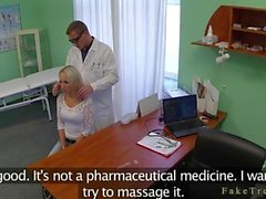 Blonde finger fucked by doc with gloves