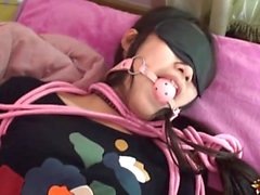 Chinese girl blindfolded and hogtied