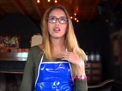 Blonde Colombian waitress with glasses rides cock in hot